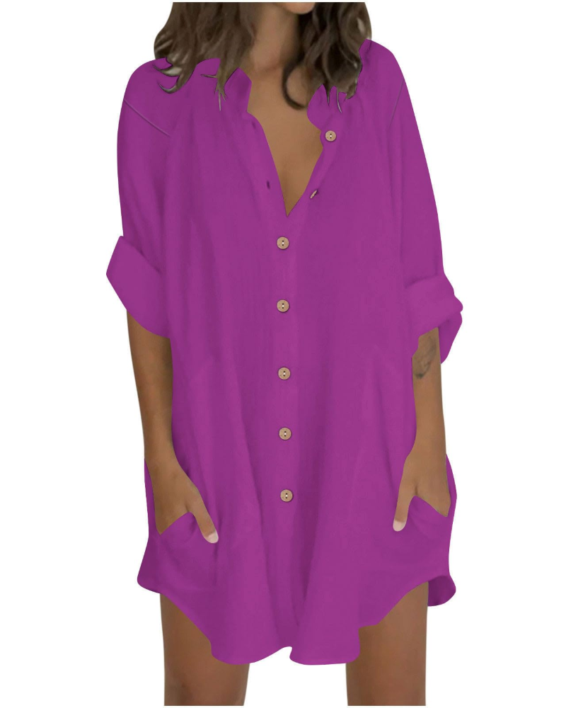Emma Blusa Mujer – Camisa Oversize de Algodón y Lino con Mangas 3/4 y Botones