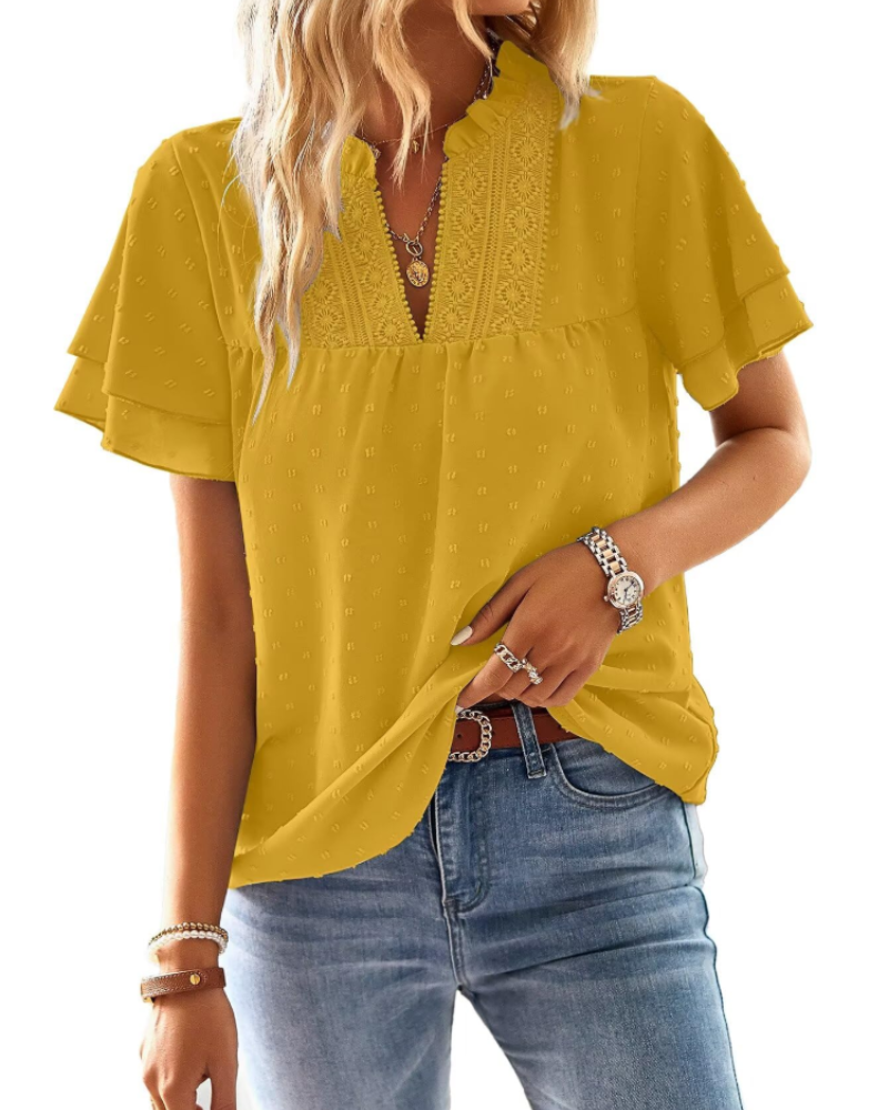 Blusa Lena para mujer – Top elegante con escote en V, encaje de ganchillo, mangas con volantes y detalles Swiss Dot
