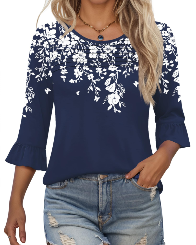 Clara Blusa Donna – Top túnica con mangas 3/4 con volantes, cuello redondo y pliegues frontales