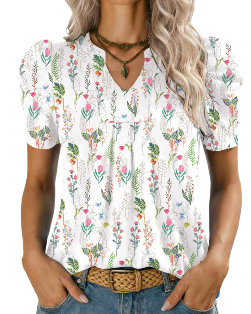 Emma Blusa para Mujer – Top Elegante con Escote en V, Mangas Abullonadas y Corte Suelto