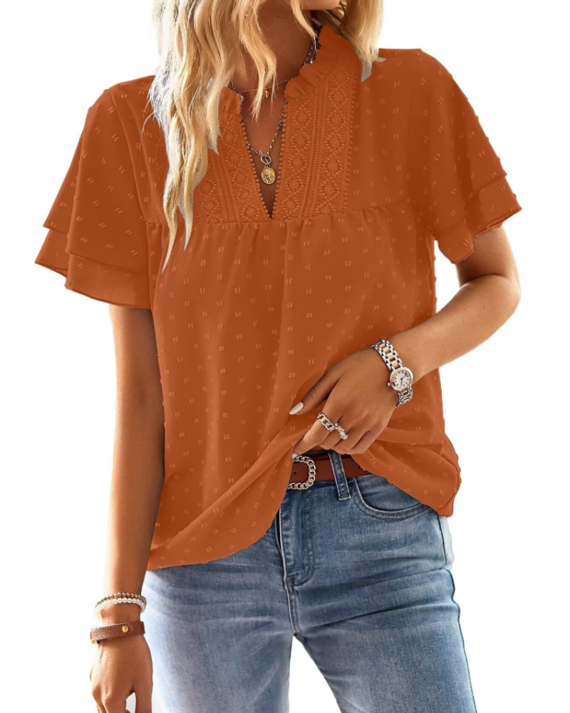 Blusa Lena para mujer – Top elegante con escote en V, encaje de ganchillo, mangas con volantes y detalles Swiss Dot