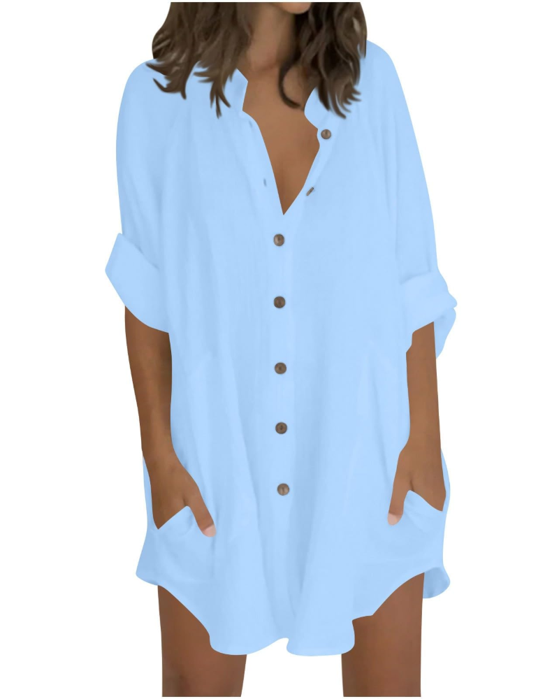 Emma Blusa Mujer – Camisa Oversize de Algodón y Lino con Mangas 3/4 y Botones