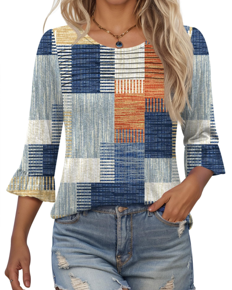 Clara Blusa Donna – Top túnica con mangas 3/4 con volantes, cuello redondo y pliegues frontales