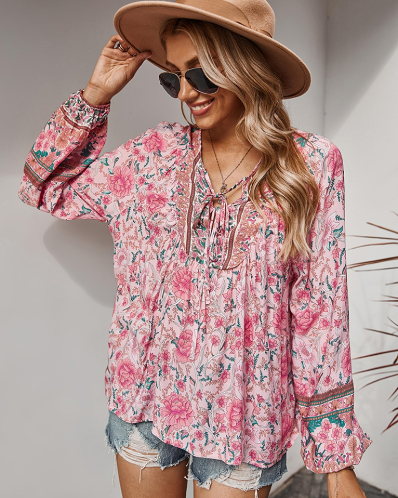 Diana Women's Blouse – Boho Floral Viscose Top with V-Neck & Balloon Sleeves