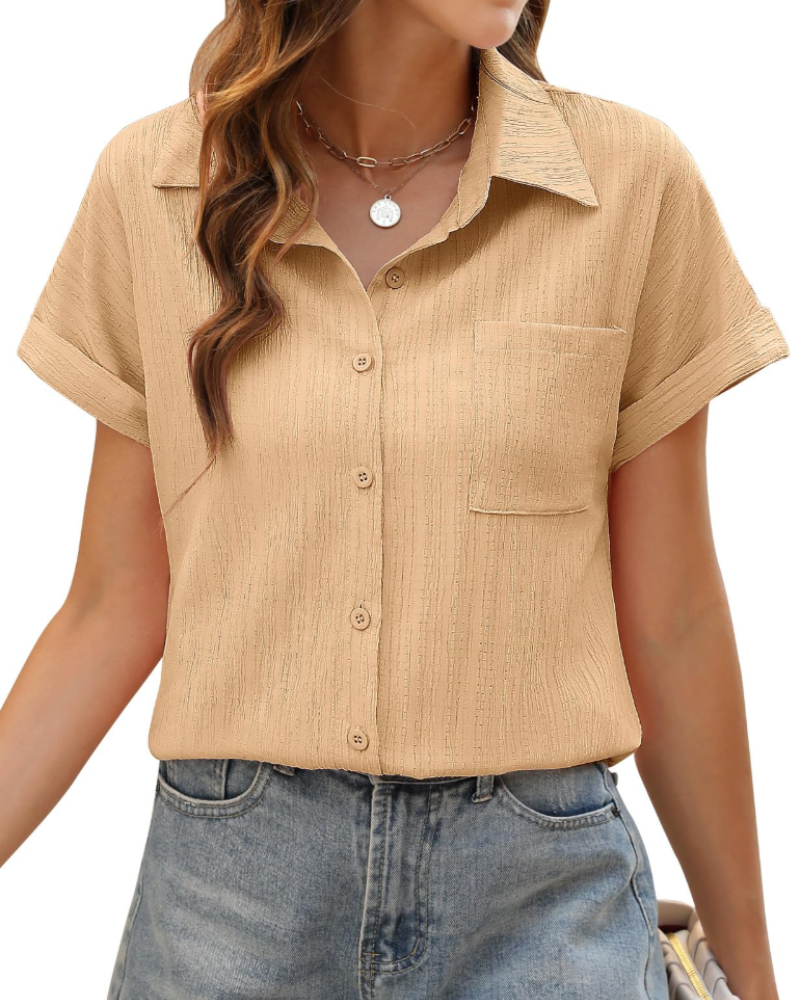 Freya Blusa Donna – Camisa de verano con botones, cuello en V, mangas remangadas y bolsillo