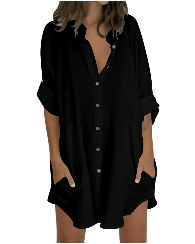 Emma Blusa Mujer – Camisa Oversize de Algodón y Lino con Mangas 3/4 y Botones