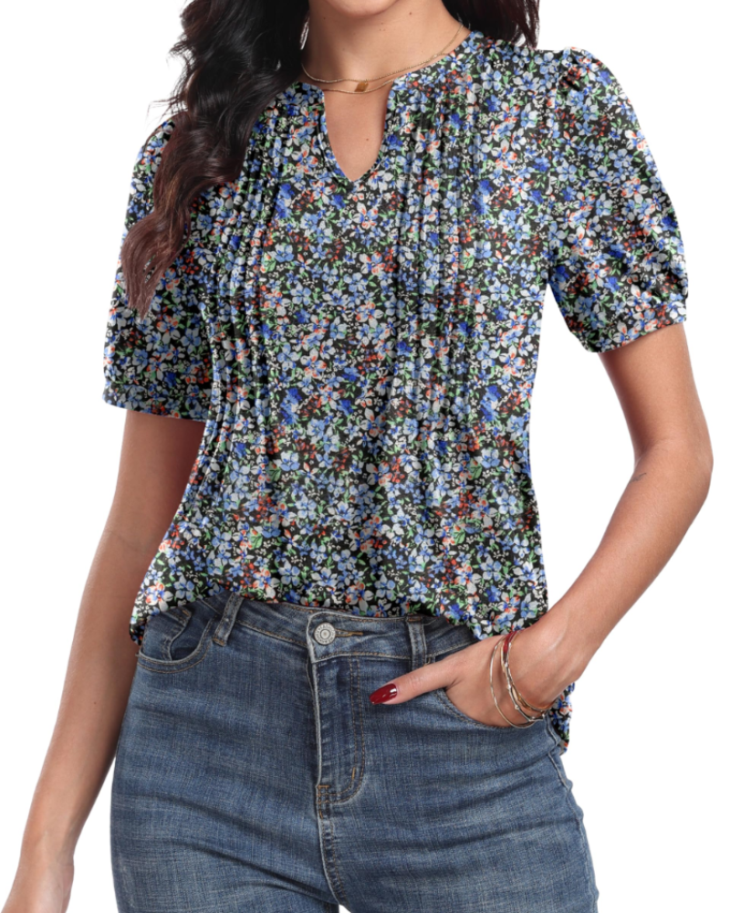 Camiseta Anna para mujer – Top de verano con escote en V, mangas abullonadas y pliegues decorativos