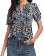 Camiseta Anna para mujer – Top de verano con escote en V, mangas abullonadas y pliegues decorativos