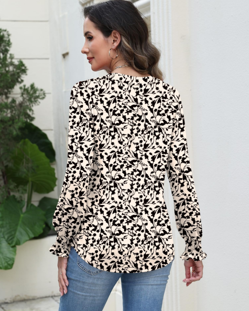 Freya Women's Blouse – Floral V-Neck Top with Long Sleeves & Pleated Hem