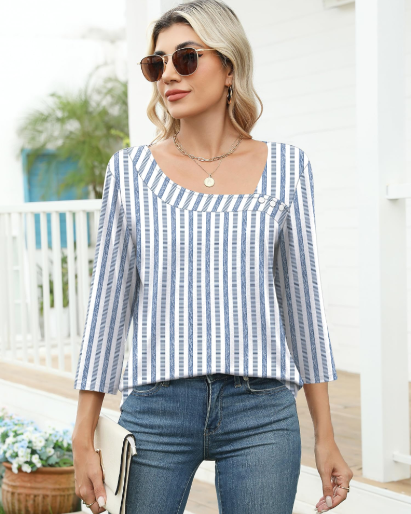 Elisa Women's Blouse – Asymmetric Top with 3/4 Sleeves, Buttons & Stretch Fabric