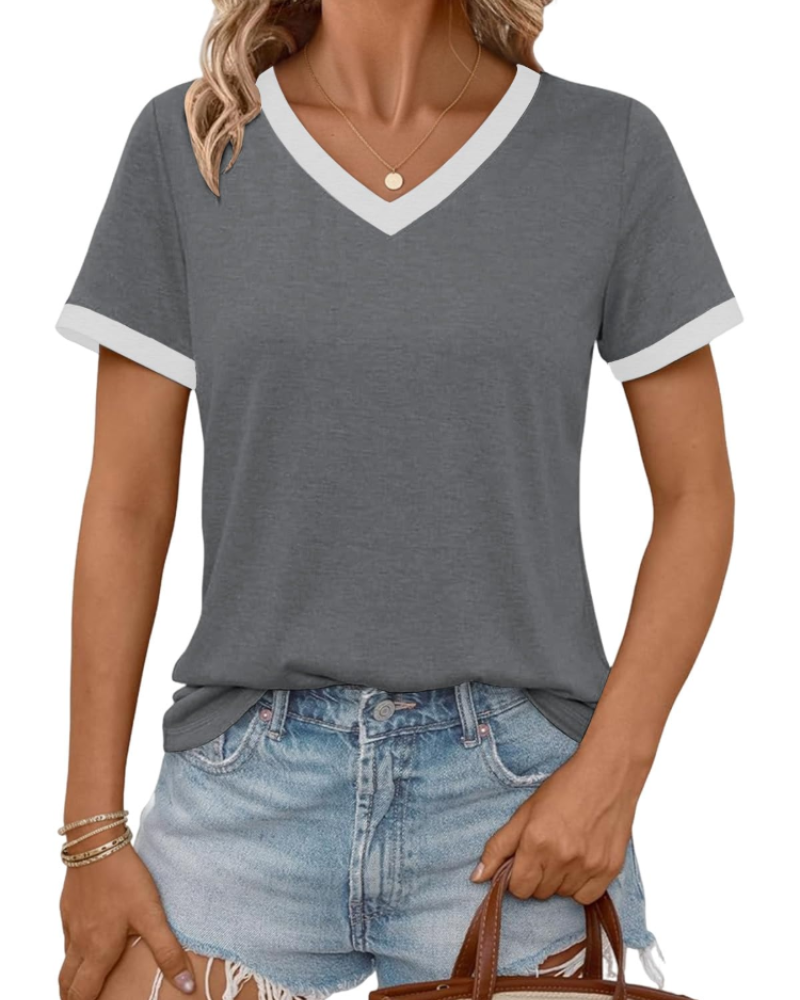 Camiseta de mujer Avery con escote en V – camiseta casual suave de manga corta con costuras en contraste