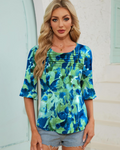 Clara Bluse Dame – Tunika Topp med 3/4 Ermer med Volanger, Rund Hals og Folder foran