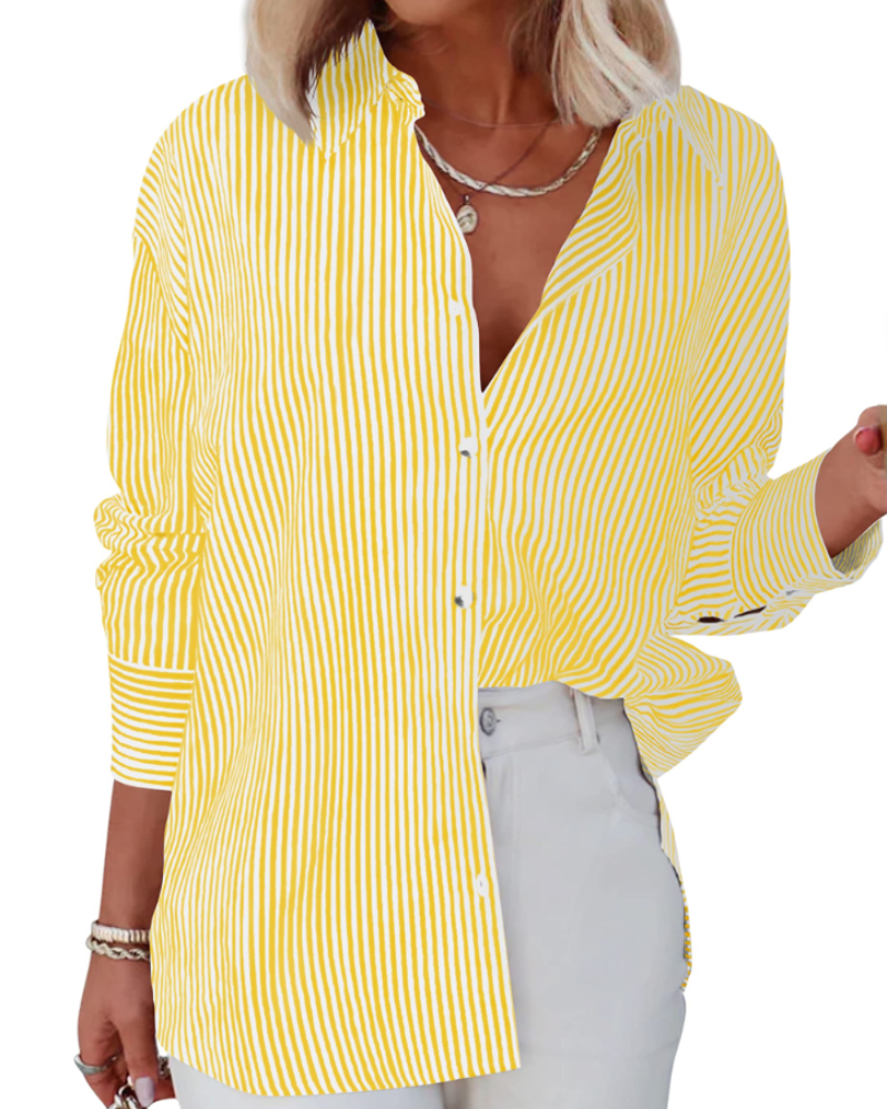 Chloe Camisa Mujer – Blusa a Rayas con Escote en V, Botones y Mangas Largas