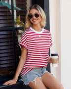 Lily T-skjorte for dame – Oversized topp i bomull med striper, rund hals og korte ermer