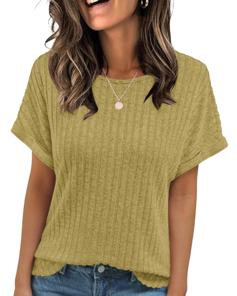 Camiseta Clara para mujer – Top acanalado con cuello redondo, mangas cortas y ajuste versátil