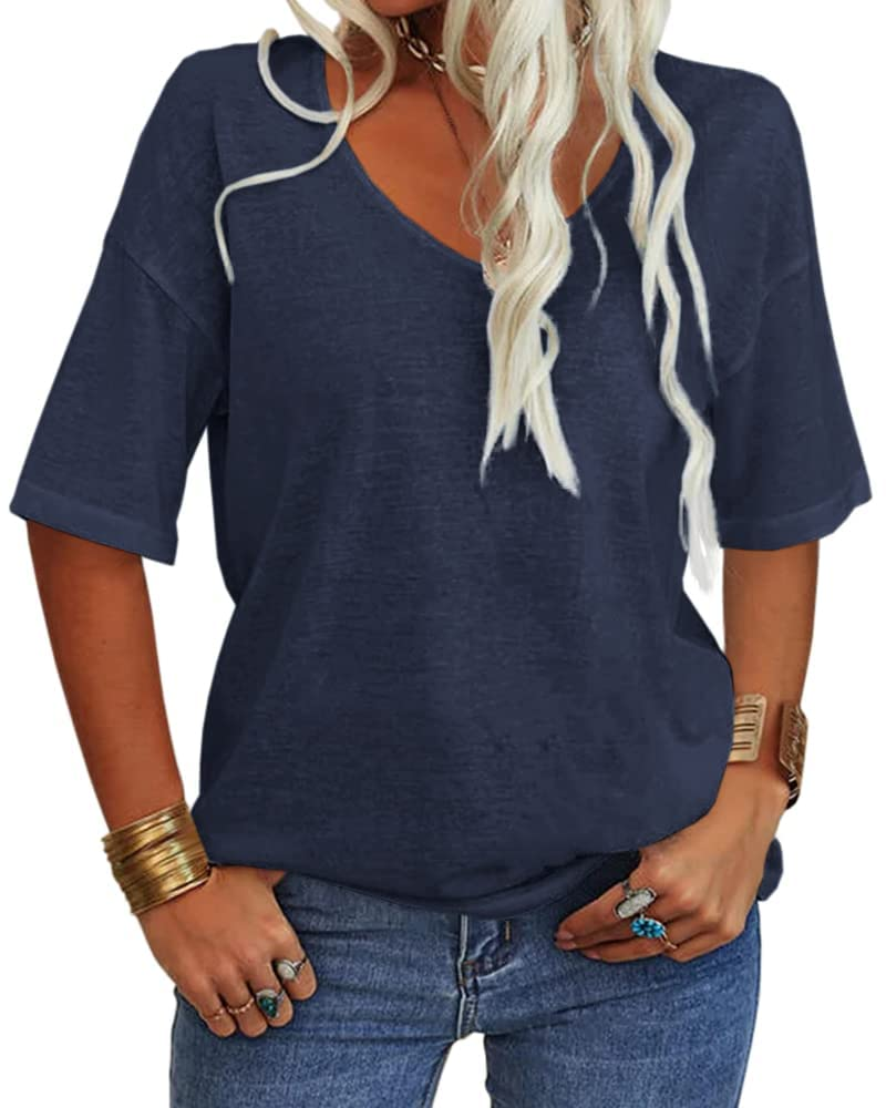T-shirt Amelia pour femme – Haut avec col en V, manches mi-longues et coupe décontractée