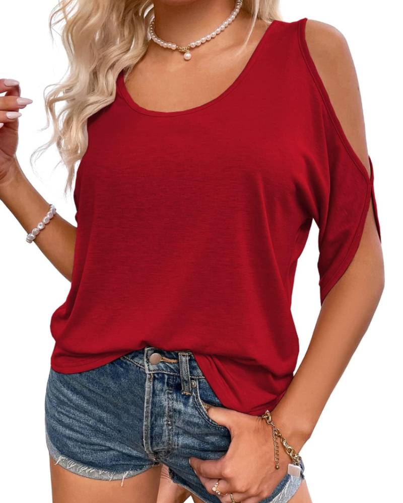 Sophie Top Donna – T-Shirt Cold Shoulder con Scollo Ampio & Nodo sul Retro