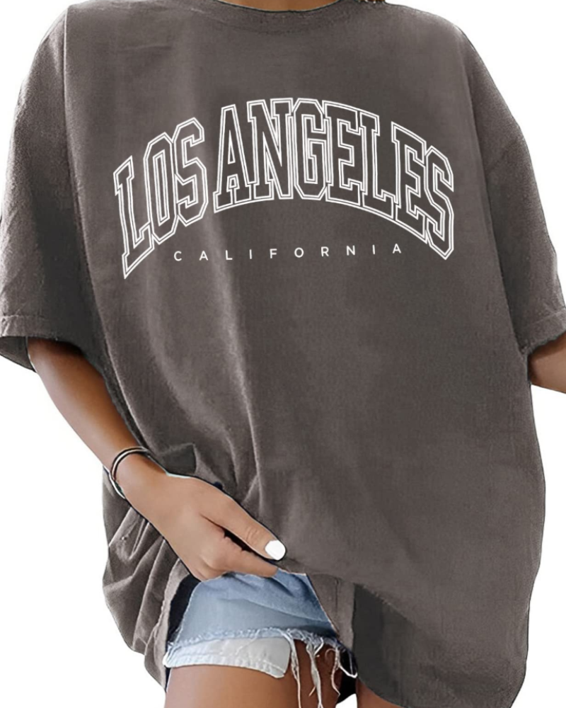 T-shirt Lydia pour femme – T-shirt en coton avec impression Los Angeles et col rond