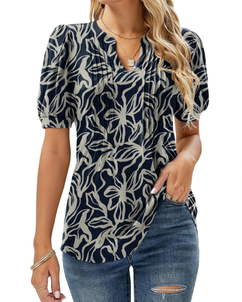 Hazel Top Donna – Bluse-tunika med blomsterprint, V-hals, puffermet ermer og folder