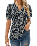 Hazel Top Donna – Bluse-tunika med blomsterprint, V-hals, puffermet ermer og folder