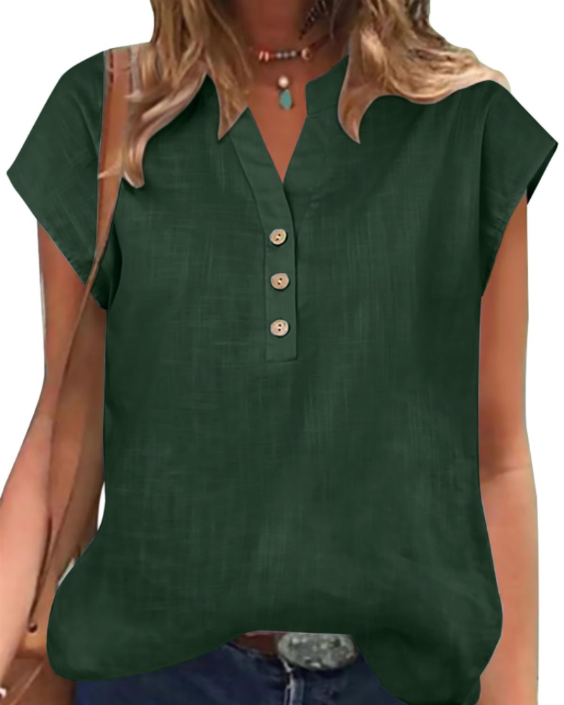 Blusa Julia para mujer – Top de algodón y lino con escote en V, mangas cortas y ajuste holgado
