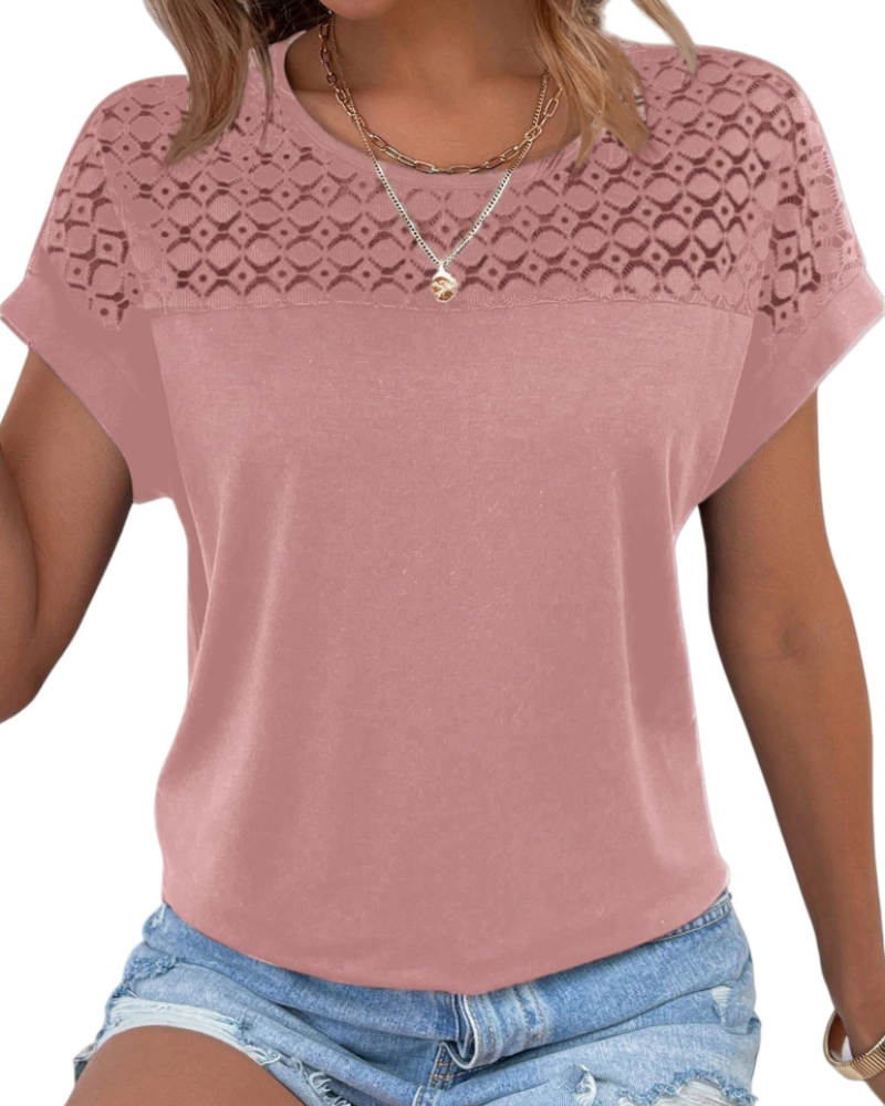 Camiseta Jasmine para mujer – Top con detalles de encaje, hombros modernos y ajuste holgado