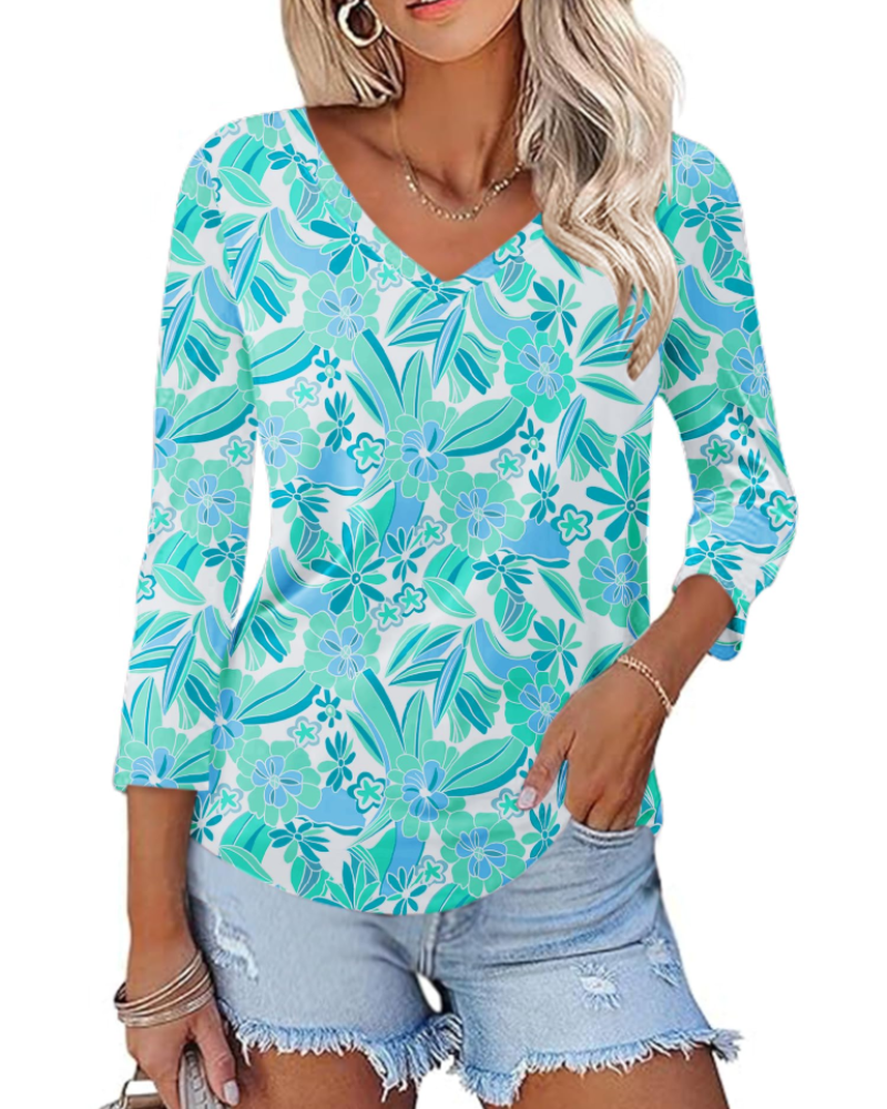 Camila Top Donna – Blusa con escote en V, mangas 3/4 y estampado floral