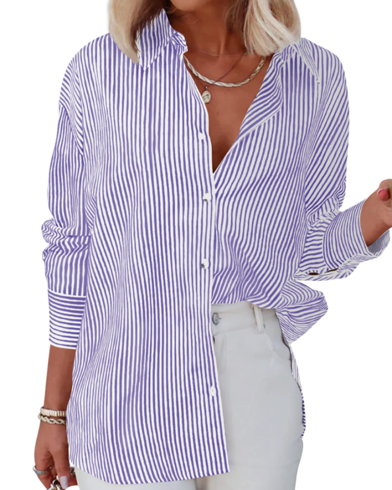 Chloe Camisa Mujer – Blusa a Rayas con Escote en V, Botones y Mangas Largas