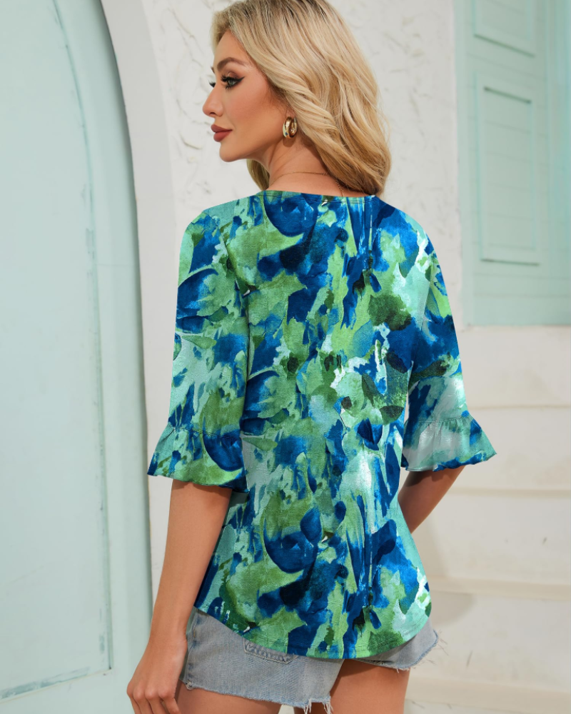 Clara Bluse Dame – Tunika Topp med 3/4 Ermer med Volanger, Rund Hals og Folder foran