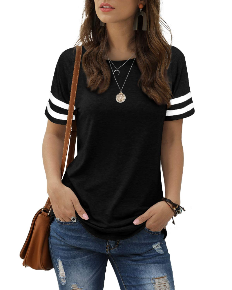 Camiseta Chloe para mujer – Top de verano con mangas a rayas, cuello redondo y aberturas laterales