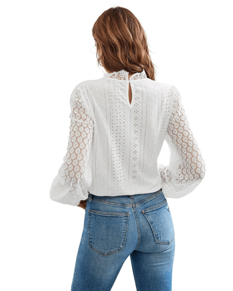 Vivian Blusa Donna – Top Elegante con Collo Alto, Pizzo Guipure & Maniche a Lanterna
