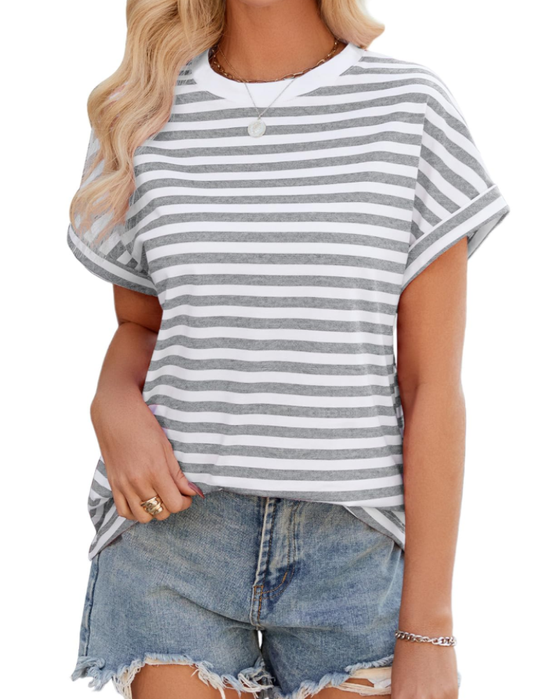 Camiseta Lily para mujer – Top oversize de algodón a rayas con cuello redondo y mangas cortas