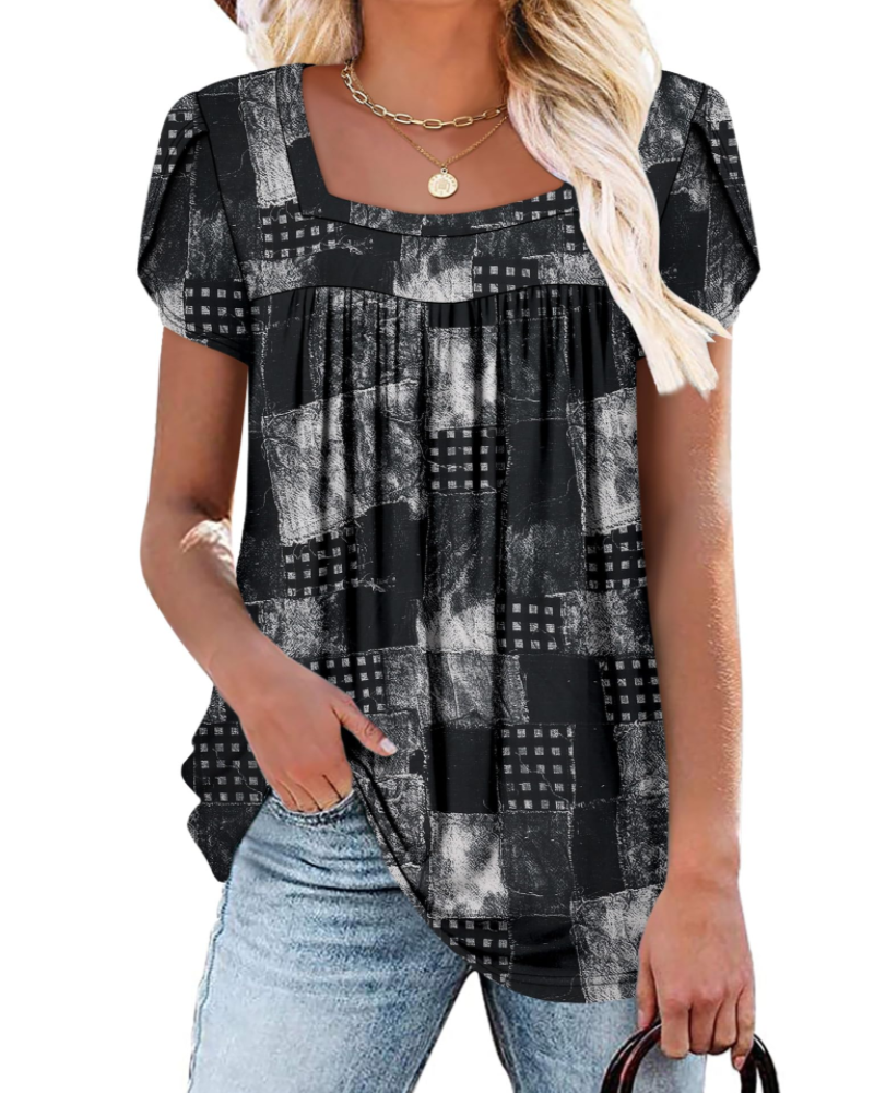 Emma Blusa para Mujer – Top Suave con Escote Cuadrado, Estampado Vivo y Mangas Cortas