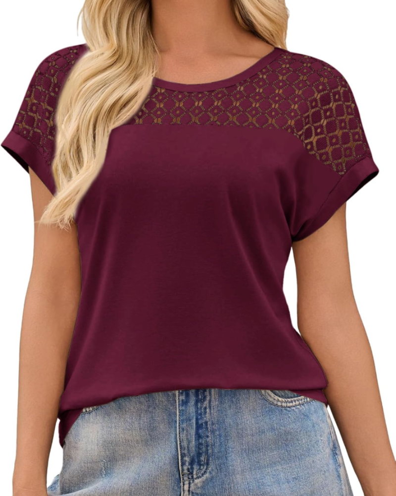 Camiseta Ava para mujer – Top con mangas de encaje, cuello redondo y ajuste holgado
