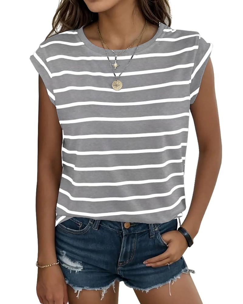 Camiseta Hannah para mujer – Top de rayas con cuello redondo, mangas con volante y ajuste holgado