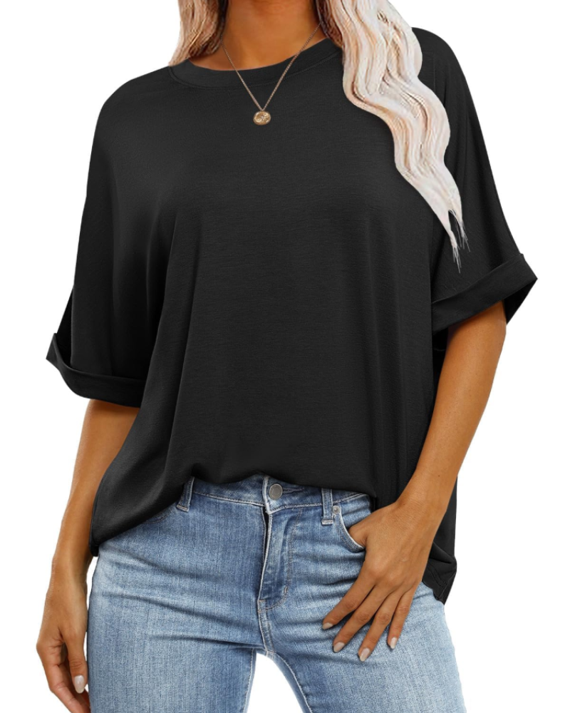 T-shirt Nora pour femme – Top oversize avec col rond, manches courtes et coupe ample