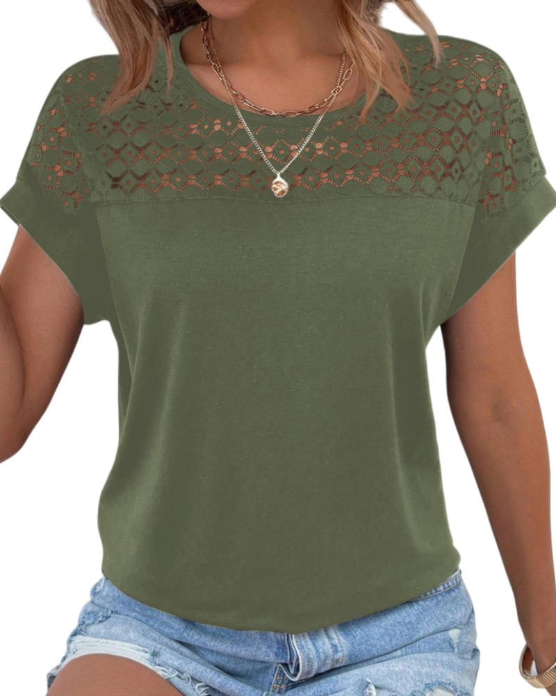 Camiseta Jasmine para mujer – Top con detalles de encaje, hombros modernos y ajuste holgado