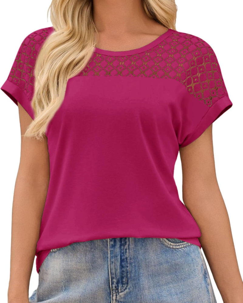 Camiseta Ava para mujer – Top con mangas de encaje, cuello redondo y ajuste holgado