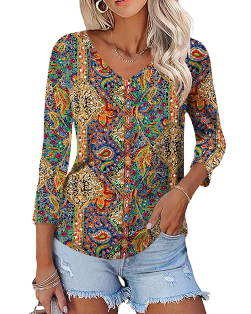 Camila Top Donna – Blusa con escote en V, mangas 3/4 y estampado floral