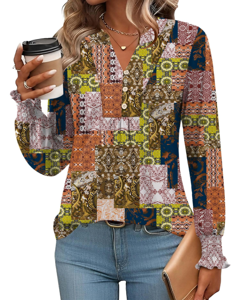 Freya Blusa Donna – Top floral con escote en V, mangas largas y dobladillo plisado