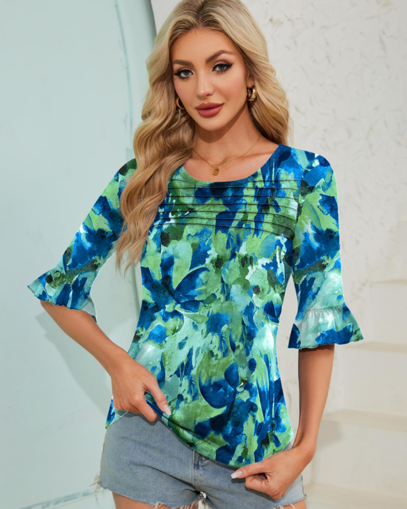 Clara Bluse Dame – Tunika Topp med 3/4 Ermer med Volanger, Rund Hals og Folder foran