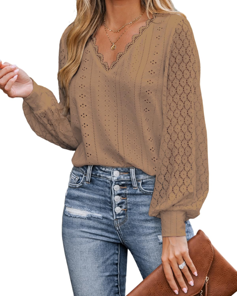 Victoria Blusa Donna – Top in Pizzo con Scollo a V, Maniche Lunghe & Dettagli Cut-Out