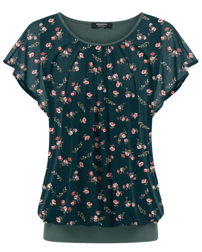 Emily Blusa Mujer – Top de Malla Floral de Doble Capa con Mangas Volantes y Cuello Redondo