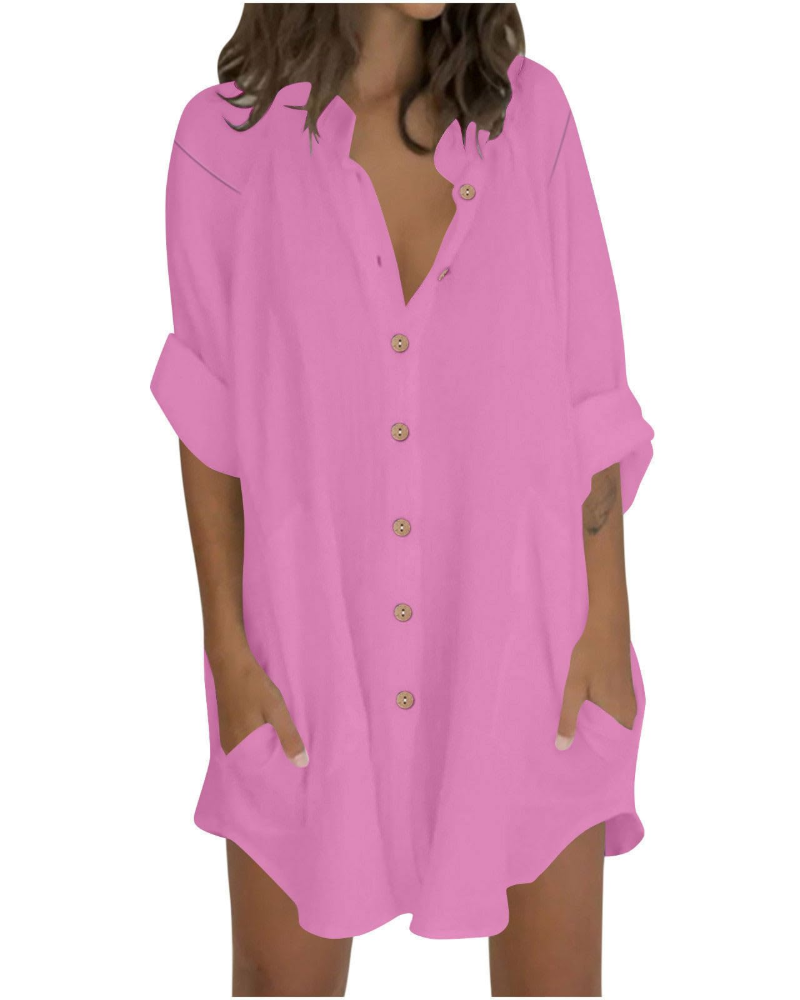 Emma Blusa Mujer – Camisa Oversize de Algodón y Lino con Mangas 3/4 y Botones