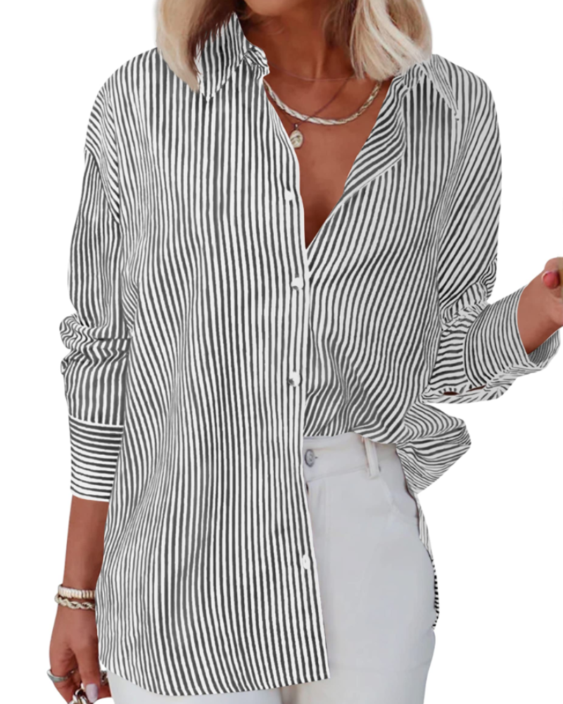 Chloe Camisa Mujer – Blusa a Rayas con Escote en V, Botones y Mangas Largas