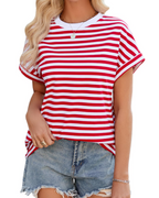 Lily T-skjorte for dame – Oversized topp i bomull med striper, rund hals og korte ermer
