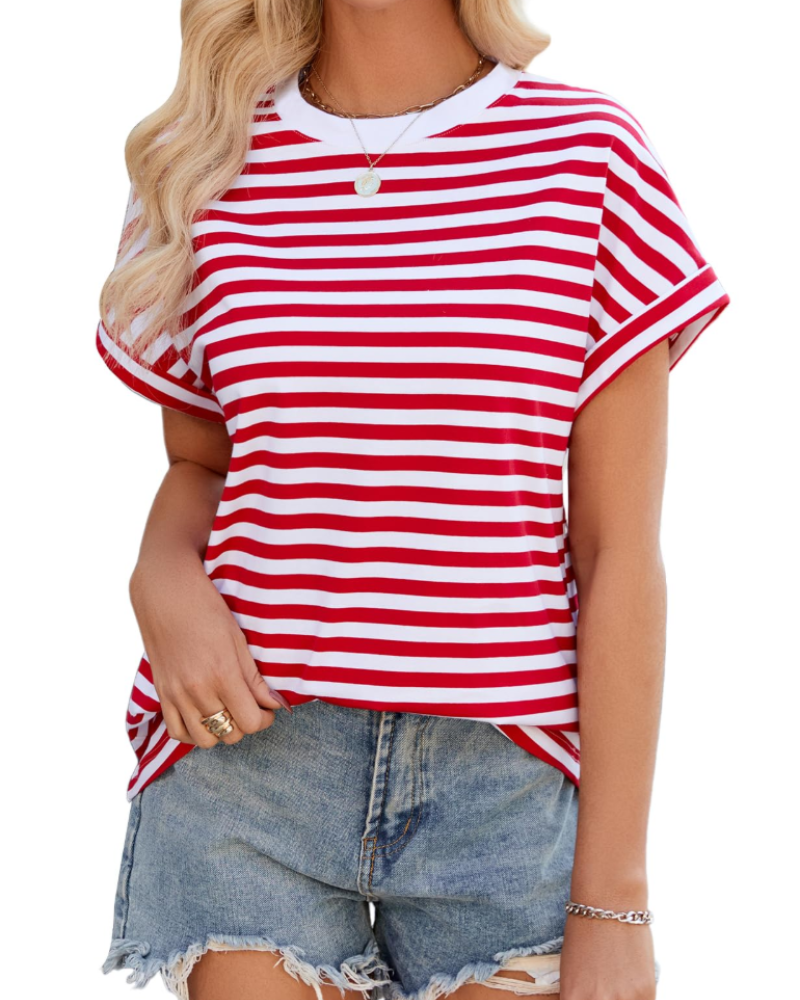 Lily T-skjorte for dame – Oversized topp i bomull med striper, rund hals og korte ermer
