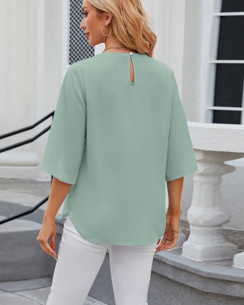 Camilla Blusa Donna – Top in Chiffon con Girocollo, Maniche 3/4 & Fit Elegante