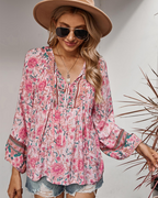Diana Women's Blouse – Boho Floral Viscose Top with V-Neck & Balloon Sleeves