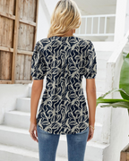 Hazel Top Donna – Bluse-tunika med blomsterprint, V-hals, puffermet ermer og folder